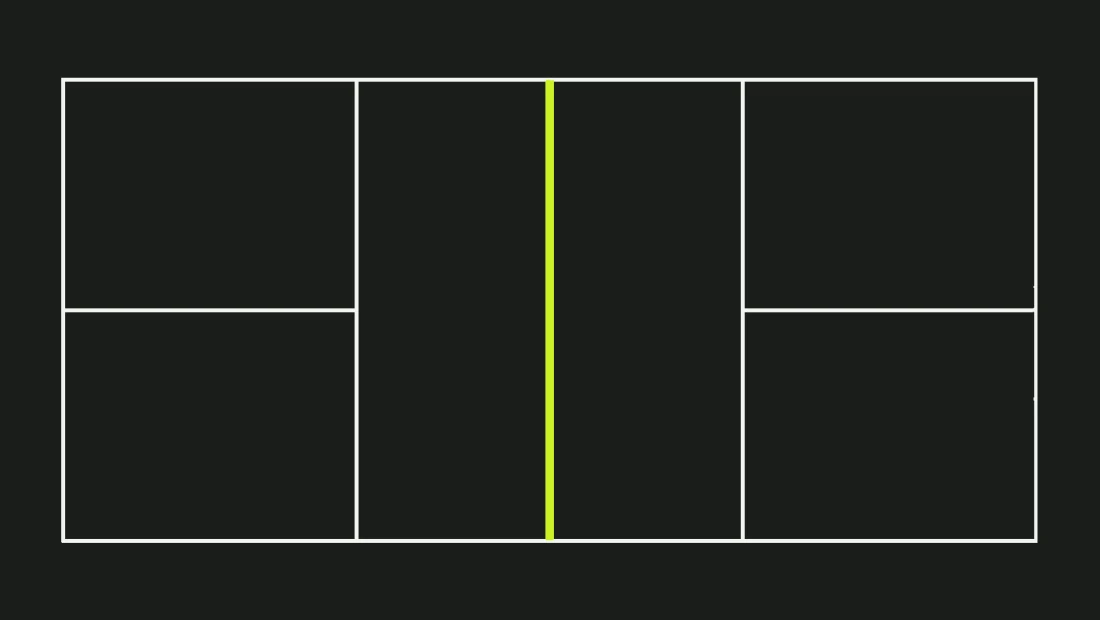 Plan view of a padel court: the enclosing walls, the two service boxes each side, and the net running down the middle in lime.