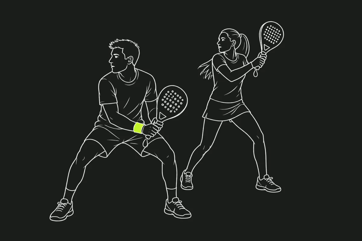 Line drawing of a padel pair mid-rally, one player crouched ready with the paddle across the body, the other turned and reaching to strike.