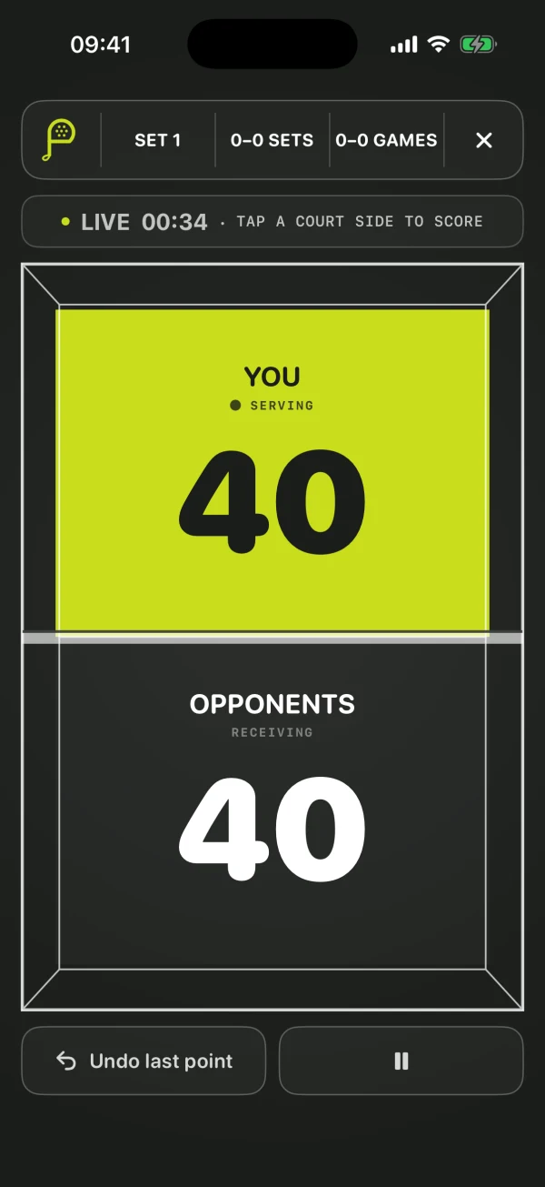 The Padelmatic scoreboard mid-match: set 1, both pairs on 40, your half of the court filled lime and marked serving, with an undo button beneath.