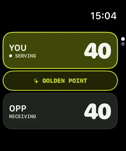 The Padelmatic watch app at 40–40 with a golden point banner: your side lime and marked serving, the opponents' side beneath.